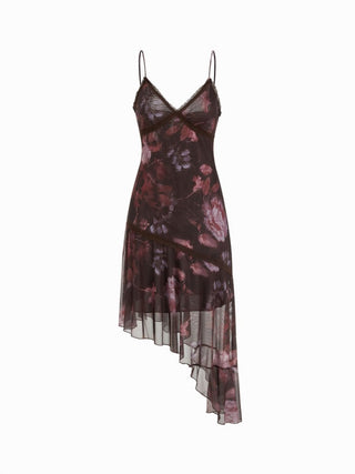 Mesh Floral V-neck Lace Trim Asymmetrical Hem A-line Midi Dress