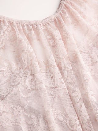 Lace Boat Neck Shirred Short Sleeve Ruffle Hem Top