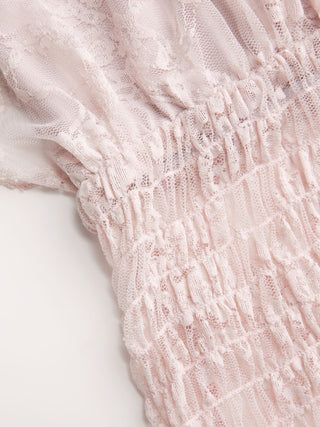 Lace Boat Neck Shirred Short Sleeve Ruffle Hem Top