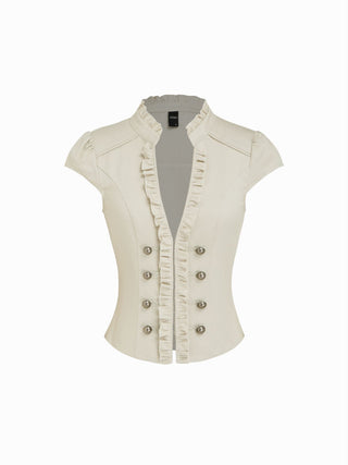 Cotton-blend Mandarin Collar Puff Sleeve Ruffle Double Breasted Top