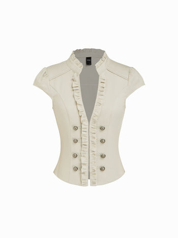 Cotton-blend Mandarin Collar Puff Sleeve Ruffle Double Breasted Top