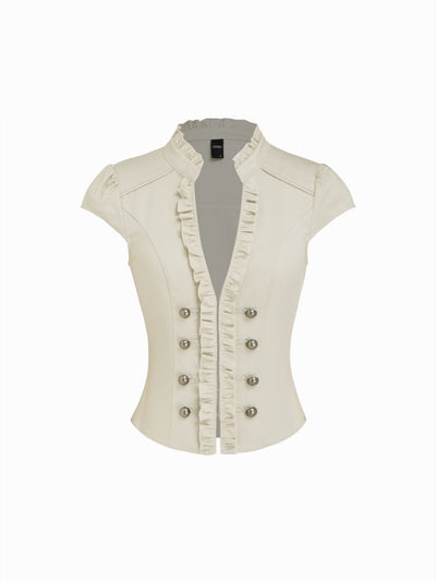 Cotton-blend Mandarin Collar Puff Sleeve Ruffle Double Breasted Top