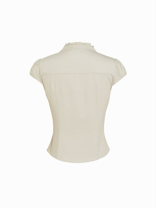 Cotton-blend Mandarin Collar Puff Sleeve Ruffle Double Breasted Top