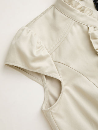 Cotton-blend Mandarin Collar Puff Sleeve Ruffle Double Breasted Top