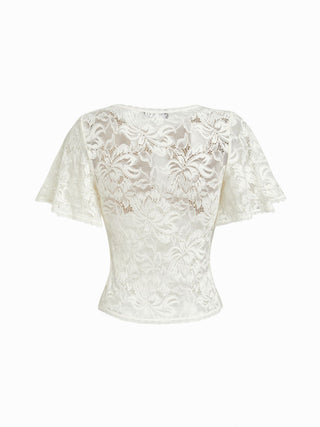 Lace Floral  Bell Sleeve Cut Out Top