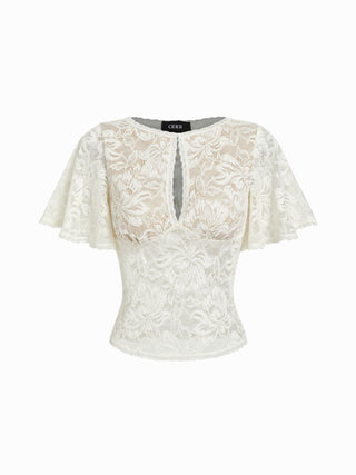 Lace Floral  Bell Sleeve Cut Out Top
