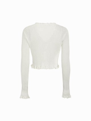Knit Textured V-neck Tie Front Ruffle Sleeve Crop Top