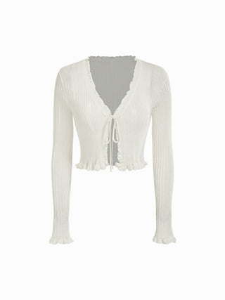 Knit Textured V-neck Tie Front Ruffle Sleeve Crop Top