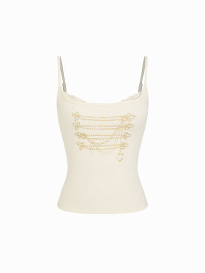 Cotton-blend Chain Graphic Scoop Neck Lace Trim Cami Top