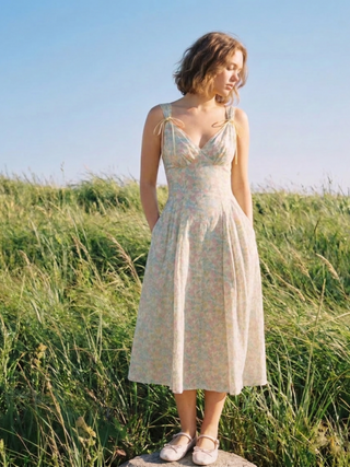 Floral V-neck Bowknot Lace Trim Milkmaid Maxi Dress