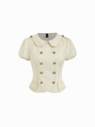 Cotton-blend Peter Pan Collar Contrast Stitching Puff Sleeve Blouse