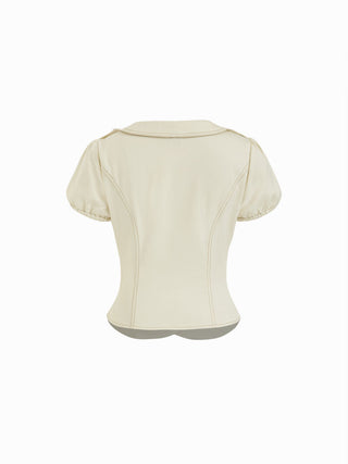 Cotton-blend Peter Pan Collar Contrast Stitching Puff Sleeve Blouse