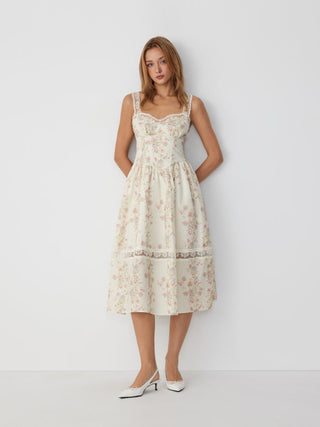 Cotton-blend Floral Sweetheart Lace Trim Milkmaid Mixi Dress