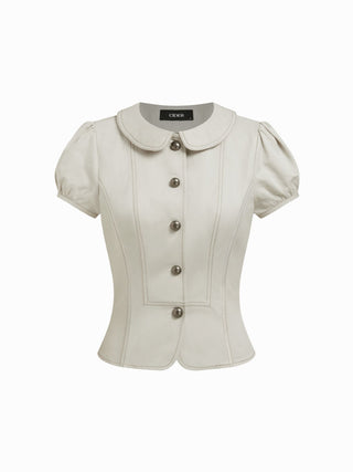 Cotton-blend Peter Pan Collar Puff Sleeve Blouse