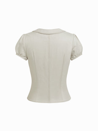 Cotton-blend Peter Pan Collar Puff Sleeve Blouse
