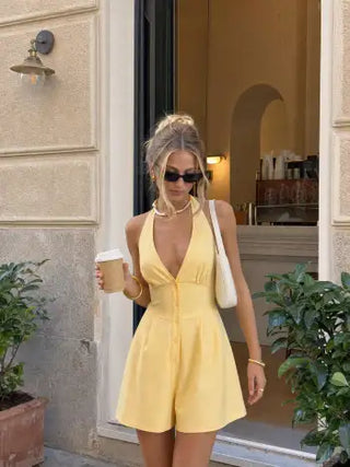 Linen-blend V-neck Button Bowknot Backless Romper