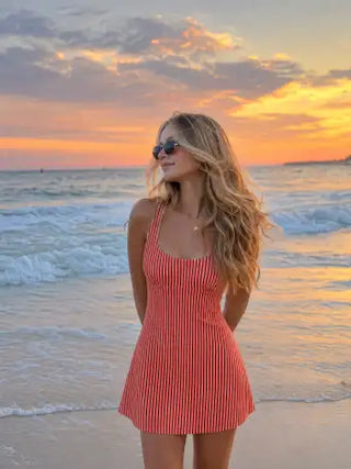 Cotton-Blend Striped Halter Neckline Backless A-Line Mini Dress