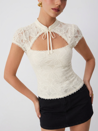Floral Lace Stand Collar Cut Out Bowknot Short Sleeve Top