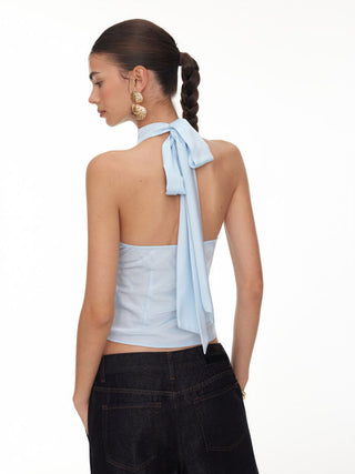 Satin Stand Collar Lace Panel Cut Out Halter Backless Cami Blouse