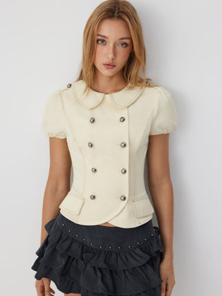 Cotton-blend Peter Pan Collar Contrast Stitching Puff Sleeve Blouse