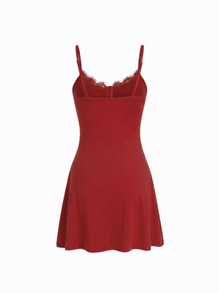 High Stretch Scoop Neckline Lace Trim Cami Flared Mini Dress