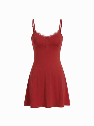 High Stretch Scoop Neckline Lace Trim Cami Flared Mini Dress