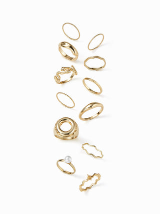 12PCS TURTLE & SNAKE & FAUX PEARL RING SET