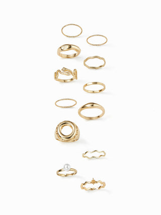 12PCS TURTLE & SNAKE & FAUX PEARL RING SET