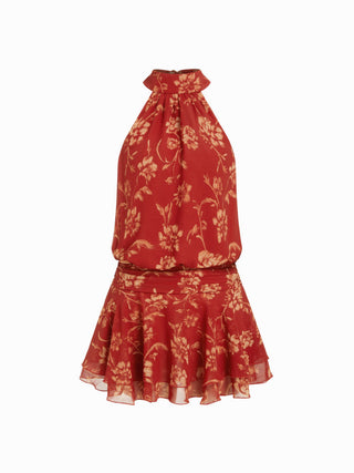 Chiffon Paisley Halter Neckline Shirred Layered Mini Dress
