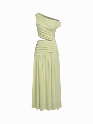 Asymmetrical Neck Ruched Waist Cutout High Stretch Bodycon Maxi Dress