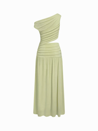 Asymmetrical Neck Ruched Waist Cutout High Stretch Bodycon Maxi Dress
