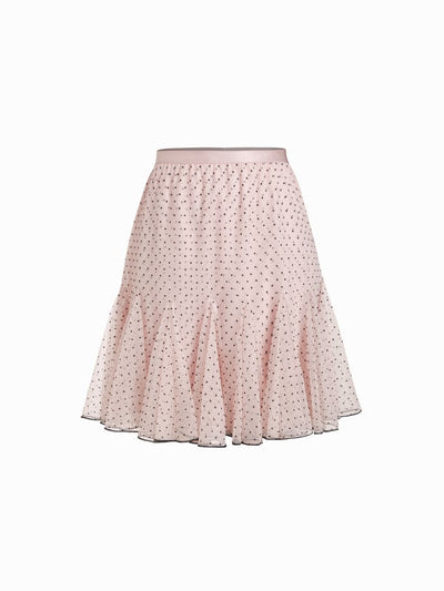 Mesh Low Rise Polka Dot Ruffled Flared Midi Skirt