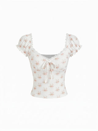 Floral Sweetheart Neckline Ruched Lace Trim Tie Front Top