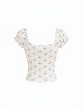 Floral Sweetheart Neckline Ruched Lace Trim Tie Front Top