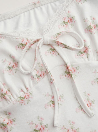 Floral Sweetheart Neckline Ruched Lace Trim Tie Front Top