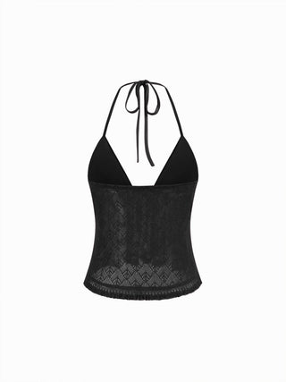 Pointelle V-Neck Halter Ruffle Hem Cami Top
