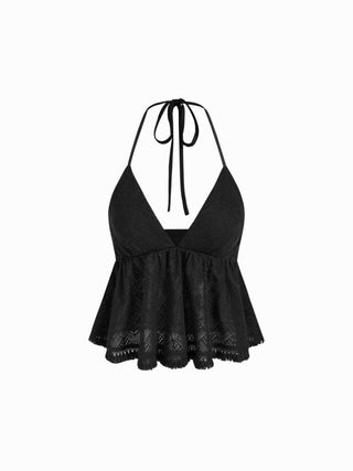 Pointelle V-Neck Halter Ruffle Hem Cami Top