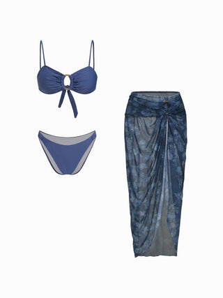 Sweetheart Floral Ruched O-Ring Bracelet Low Rise Bikini Set With Sarong