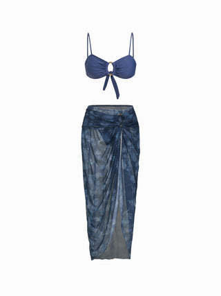 Sweetheart Floral Ruched O-Ring Bracelet Low Rise Bikini Set With Sarong