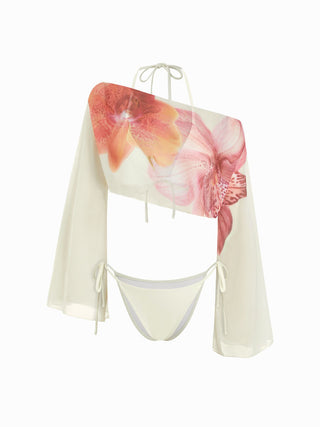 Mesh Halter Neckline Floral Asymmetrical Triangle Low Rise Tie Side Bikini Set