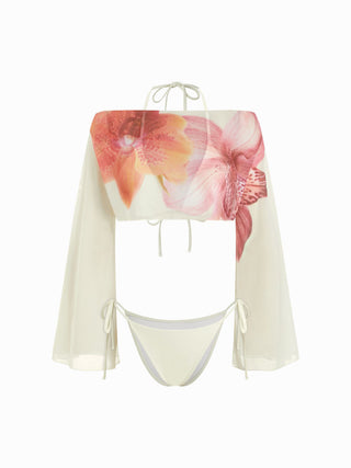 Mesh Halter Neckline Floral Asymmetrical Triangle Low Rise Tie Side Bikini Set