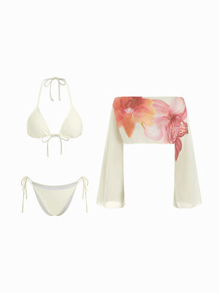 Mesh Halter Neckline Floral Asymmetrical Triangle Low Rise Tie Side Bikini Set