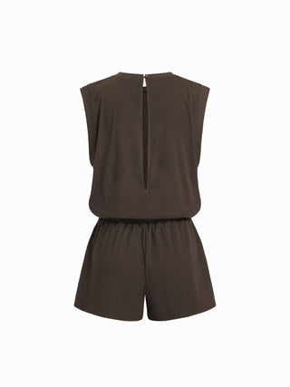Ribbed Round Neck Drawstring Mid Rise Romper