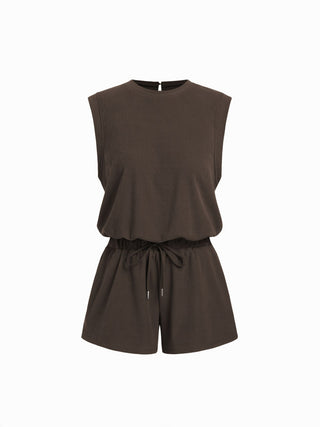 Ribbed Round Neck Drawstring Mid Rise Romper