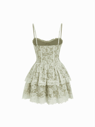 Lace Textured Sculptural Sweetheart Neck Layered Bowknot Tiered Mini Dress