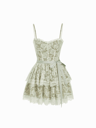 Lace Textured Sculptural Sweetheart Neck Layered Bowknot Tiered Mini Dress