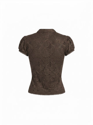 Lace Floral Stand Collar Bowknot Short Sleeve Top