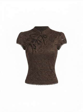 Lace Floral Stand Collar Bowknot Short Sleeve Top