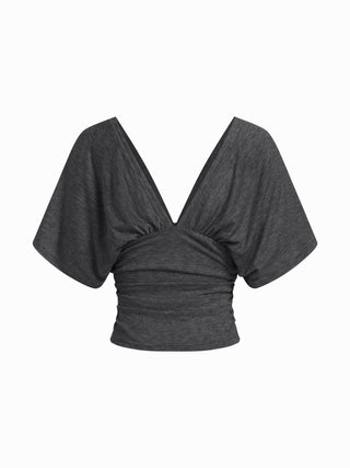 V-neck Batwing Sleeve Ruched Slim Tee