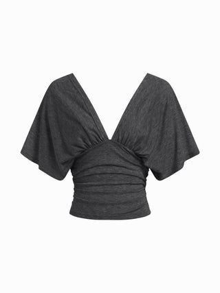 V-neck Batwing Sleeve Ruched Slim Tee